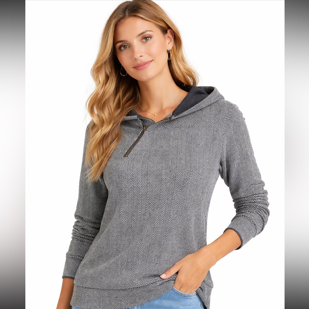 Maison Scotch Herringbone Zip Neck Hoodie Black Grey‎ Knit Sweatshirt Size small